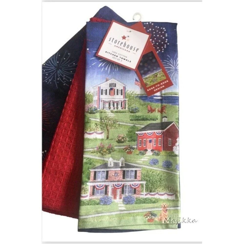Storehouse Dish Towels Set of 3 July 4th Fireworks Red White Blue Historic Town